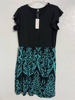 Wneedu Women Black And Blue Ruffle Sleeve Midi Dress Stretch NWT Size XL #771